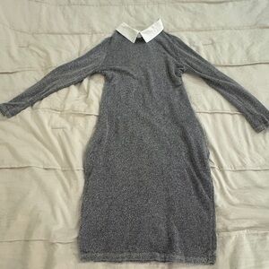 Elegant Gray Long-Sleeve Dress with White Collar